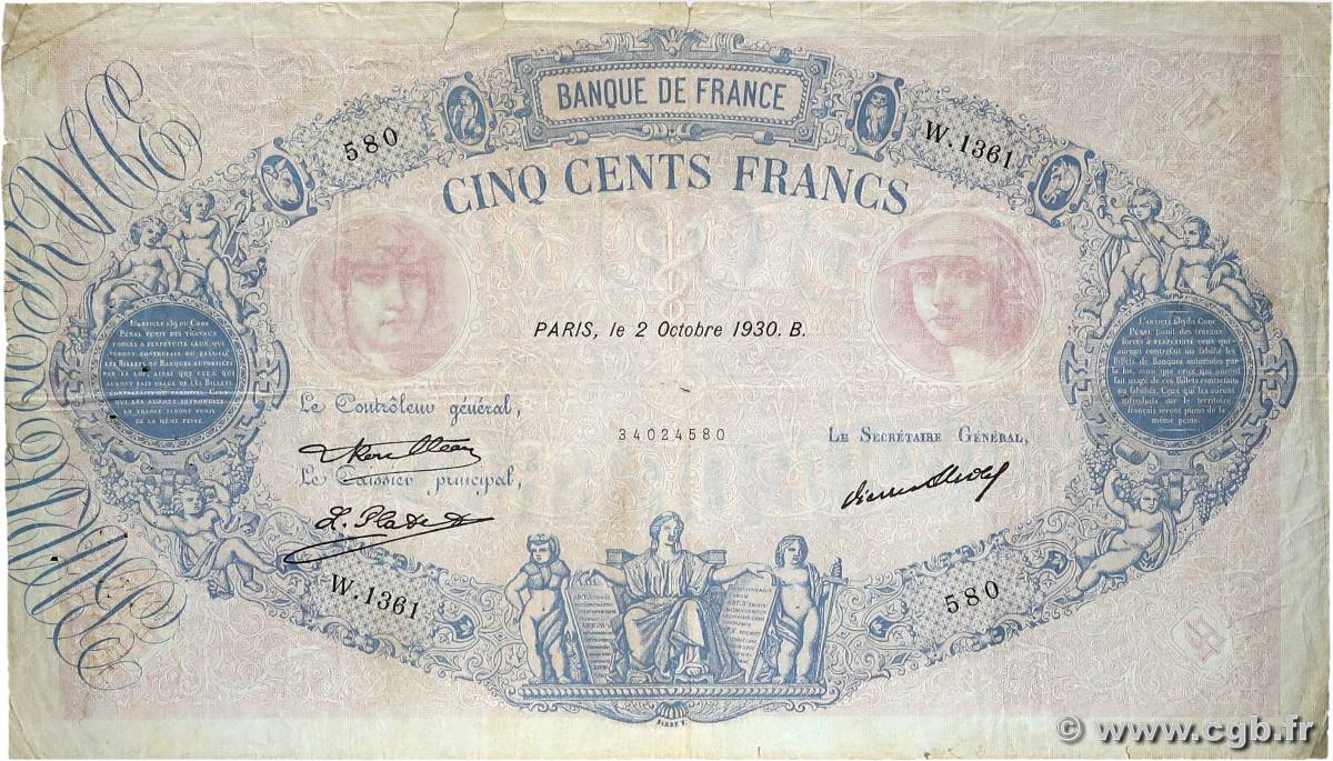 500 Francs BLEU ET ROSE FRANCE  1930 F.30.33 VG