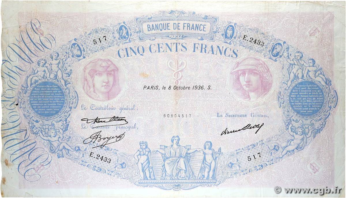 500 Francs BLEU ET ROSE FRANCE  1936 F.30.37 F