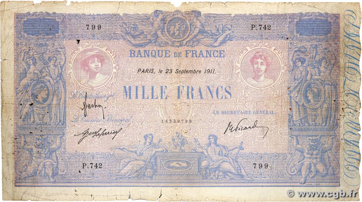 1000 Francs BLEU ET ROSE FRANCE  1911 F.36.25 G