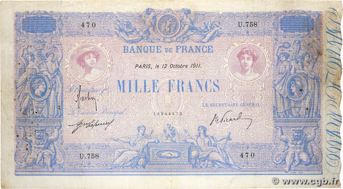 1000 Francs BLEU ET ROSE FRANCE  1911 F.36.25 G