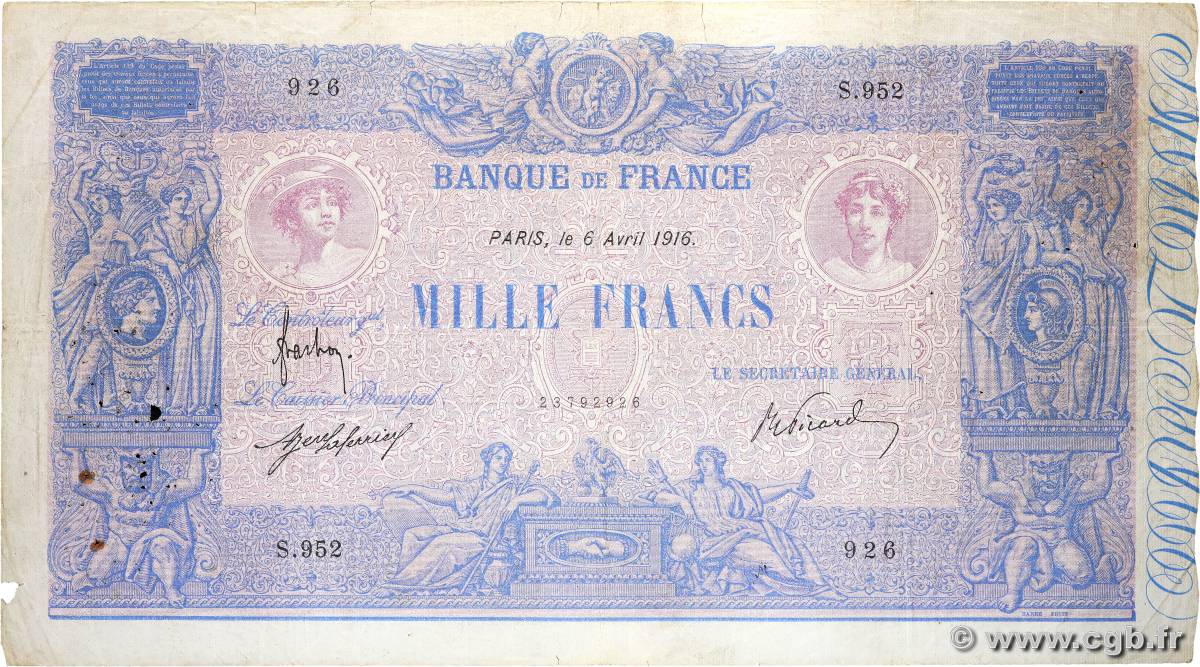 1000 Francs BLEU ET ROSE FRANCE  1916 F.36.30 G