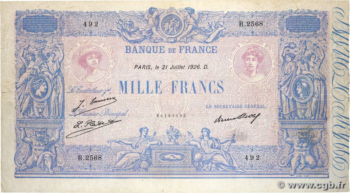 1000 Francs BLEU ET ROSE FRANCIA  1926 F.36.43 B