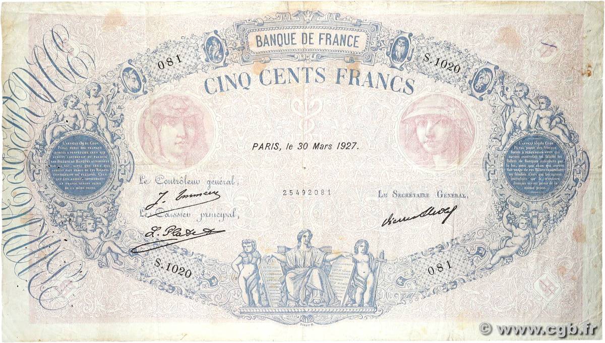 500 Francs BLEU ET ROSE FRANKREICH  1927 F.30.30 SGE