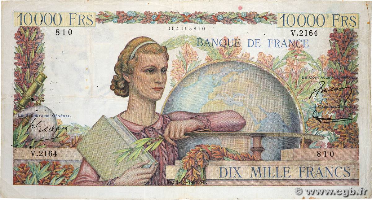 10000 Francs GÉNIE FRANÇAIS FRANCE  1951 F.50.55 pr.TB