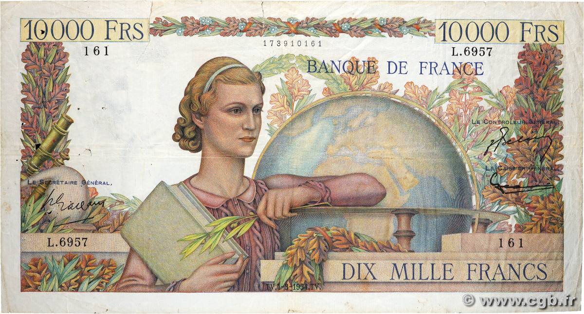 10000 Francs GÉNIE FRANÇAIS FRANCE  1954 F.50.70 B+