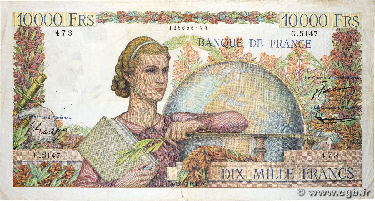 10000 Francs GÉNIE FRANÇAIS FRANCE  1953 F.50.66 F