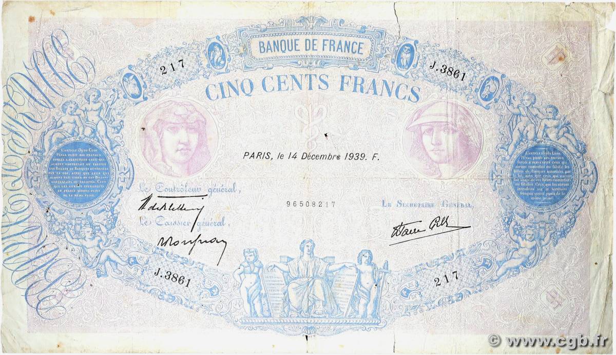 500 Francs BLEU ET ROSE modifié FRANCE  1939 F.31.52 B+