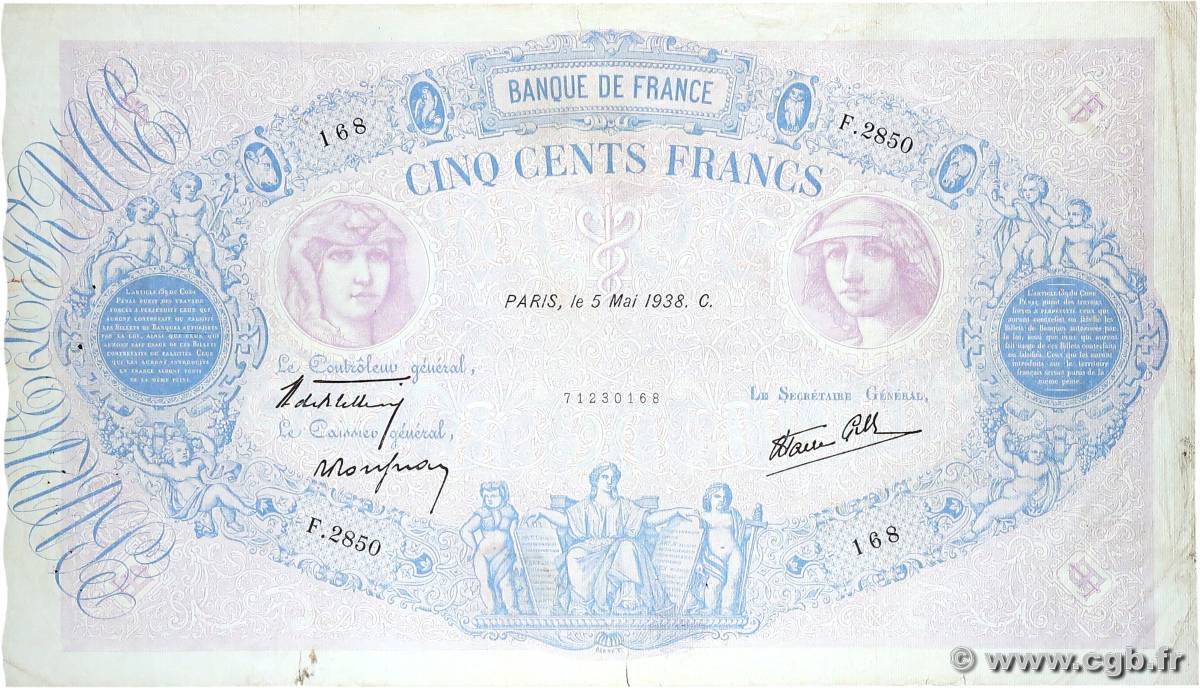 500 Francs BLEU ET ROSE modifié FRANCIA  1938 F.31.10 MB