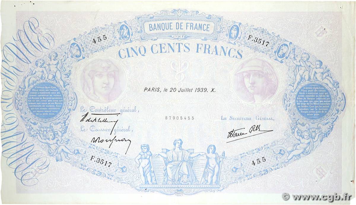 500 Francs BLEU ET ROSE modifié FRANCE  1939 F.31.37 F