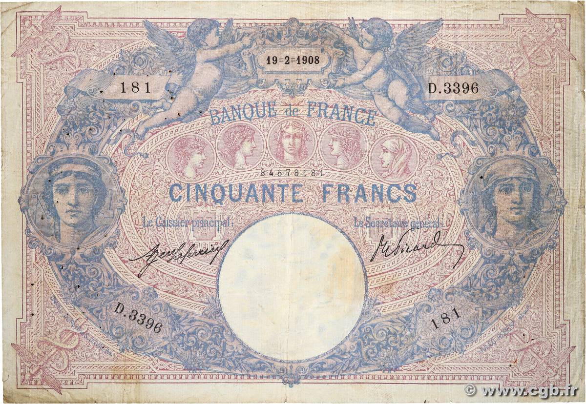 50 Francs BLEU ET ROSE FRANCE  1908 F.14.21 VG