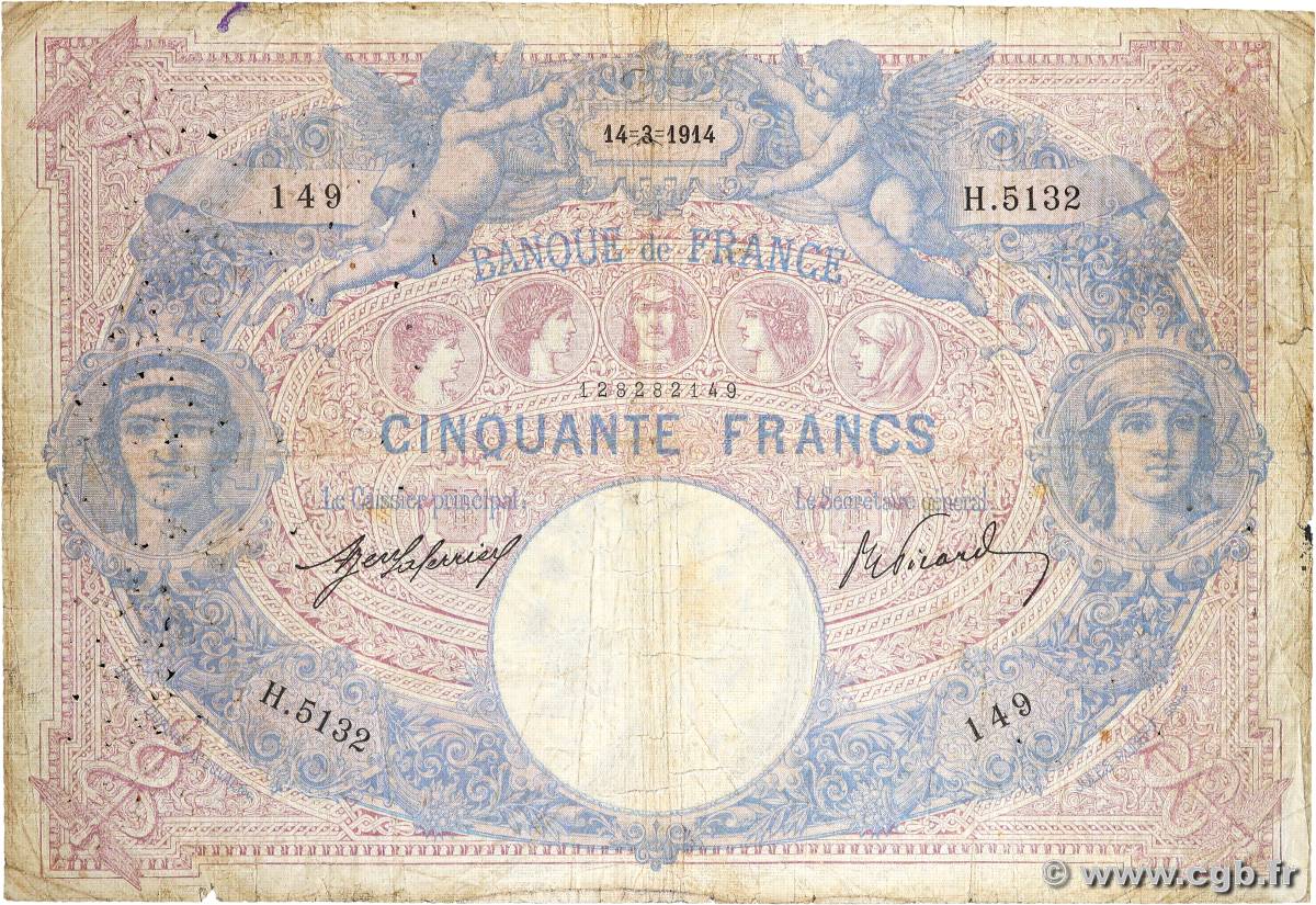 50 Francs BLEU ET ROSE FRANCE  1914 F.14.27 G