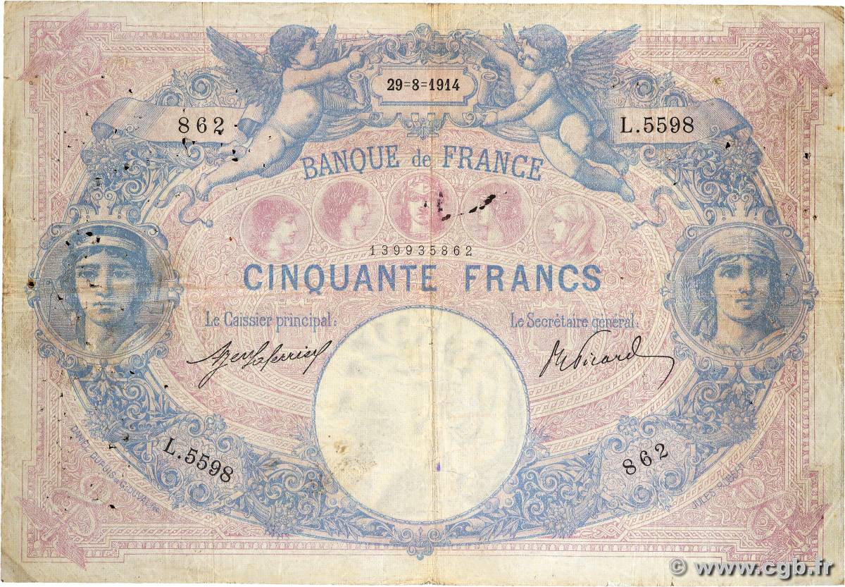 50 Francs BLEU ET ROSE FRANCE  1914 F.14.27 G