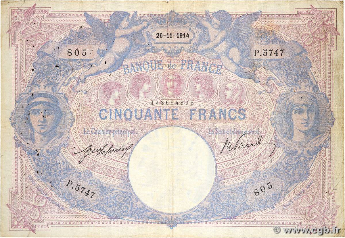 50 Francs BLEU ET ROSE FRANCE  1914 F.14.27 B