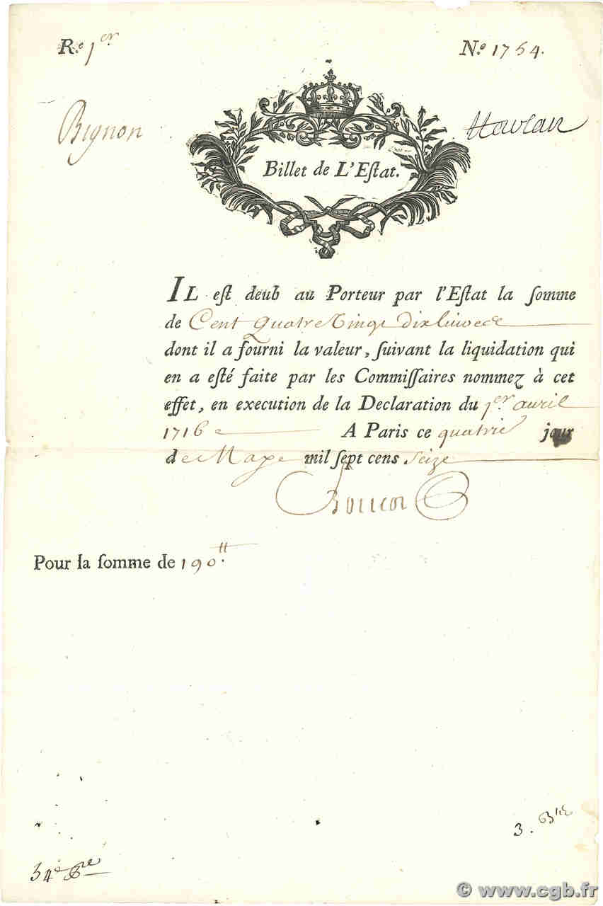 190 Livres FRANCE  1716 Laf.- VF+