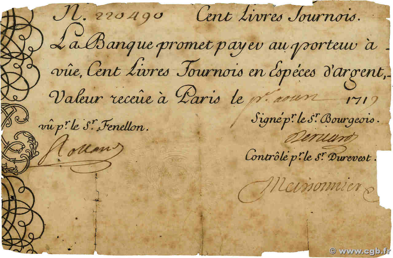 100 Livres Tournois gravé FRANCE  1719 Dor.07 F