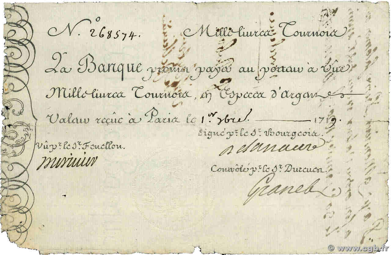 1000 Livres Tournois gravé FRANCE  1719 Dor.15 TTB