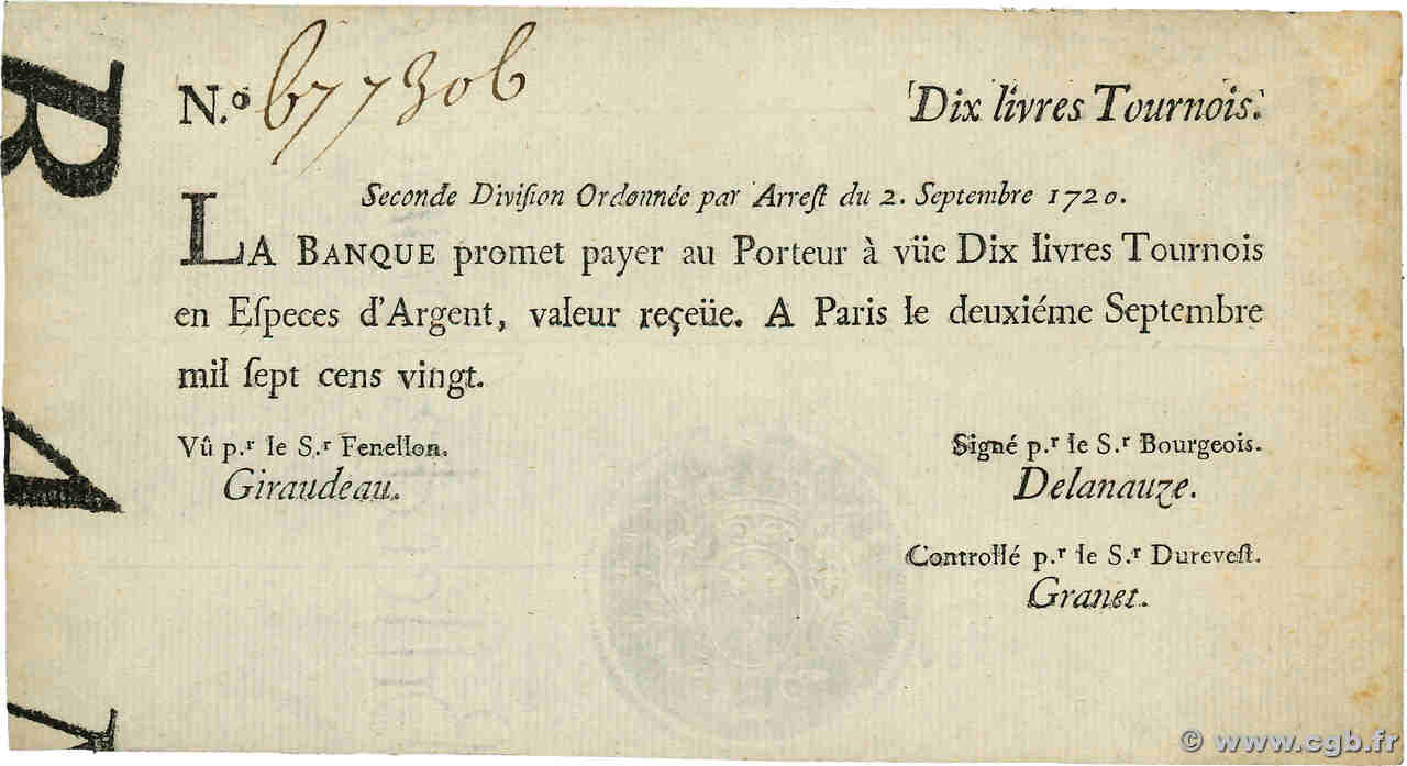 10 Livres Tournois typographié FRANCIA  1720 Dor.23 EBC+