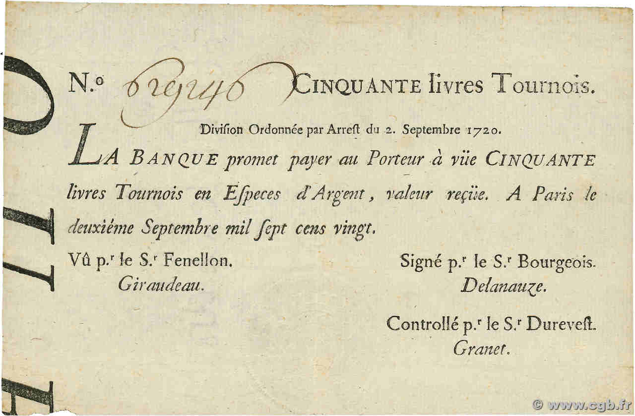 50 Livres Tournois typographié FRANCIA  1720 Dor.24 EBC