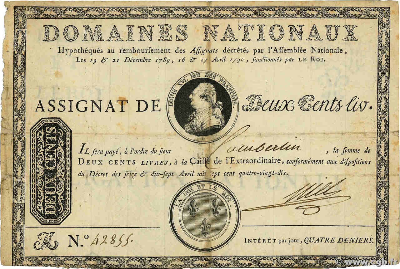 200 Livres sans coupons FRANCE  1790 Ass.01a VF-