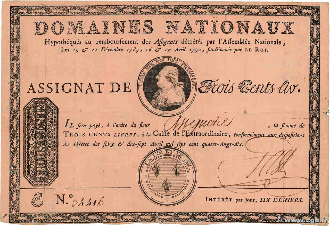 300 Livres sans coupons FRANCE  1790 Ass.02a TTB+