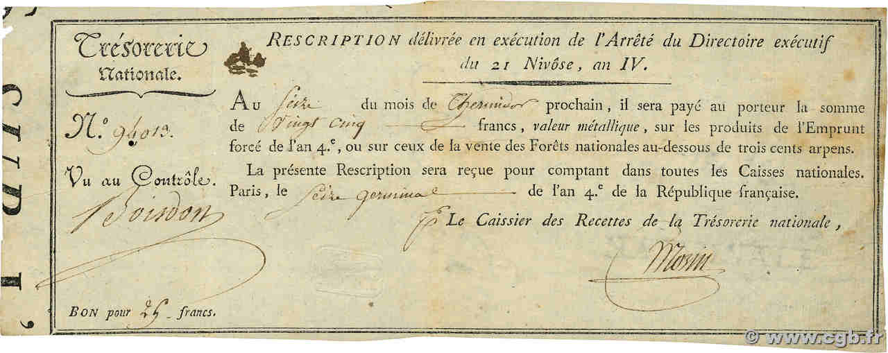 25 Francs Rescription de l Emprunt Forcé FRANCE  1796 Ass.53a TTB+