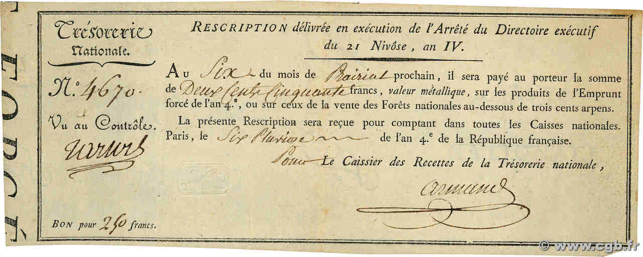 250 Francs Rescription de l Emprunt Forcé FRANCE  1796 Ass.56a TTB+