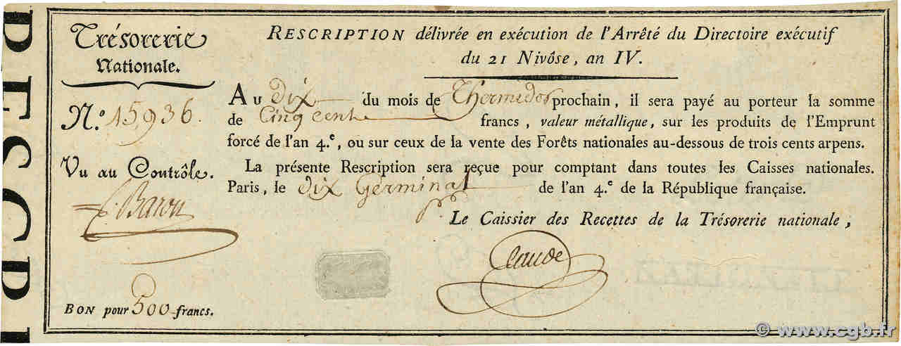 500 Francs Rescription de l Emprunt Forcé FRANCIA  1796 Ass.57a EBC