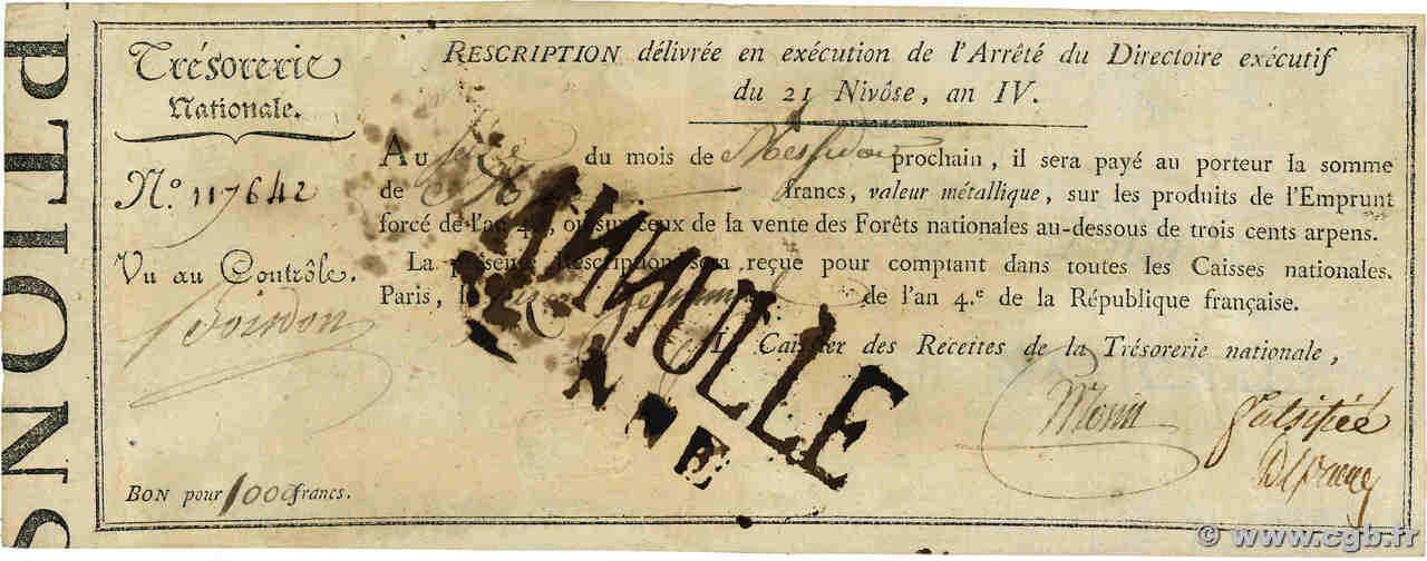 1000 Francs Rescription de l Emprunt Forcé Annulé FRANCE  1796 Ass.58a VF