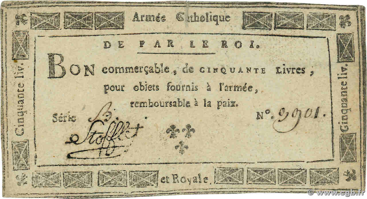 50 Livres Stofflet FRANCE  1794 Laf.276 VF+