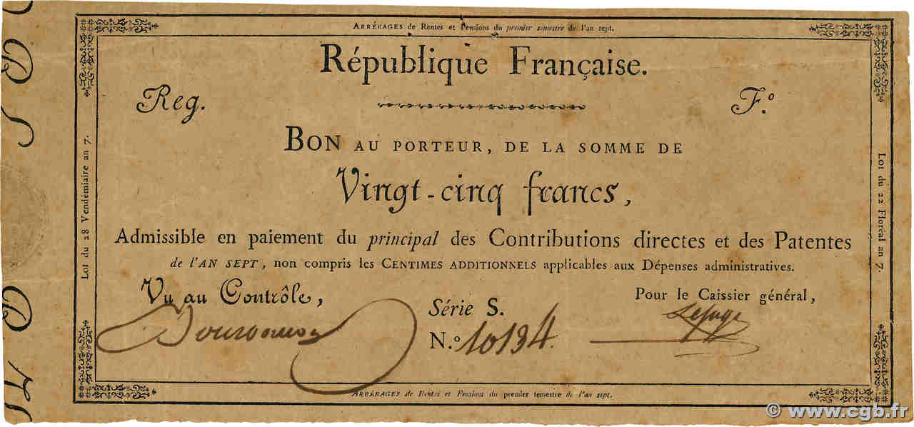25 Francs Bon au Porteur FRANCE  1798 Laf.215 VF+