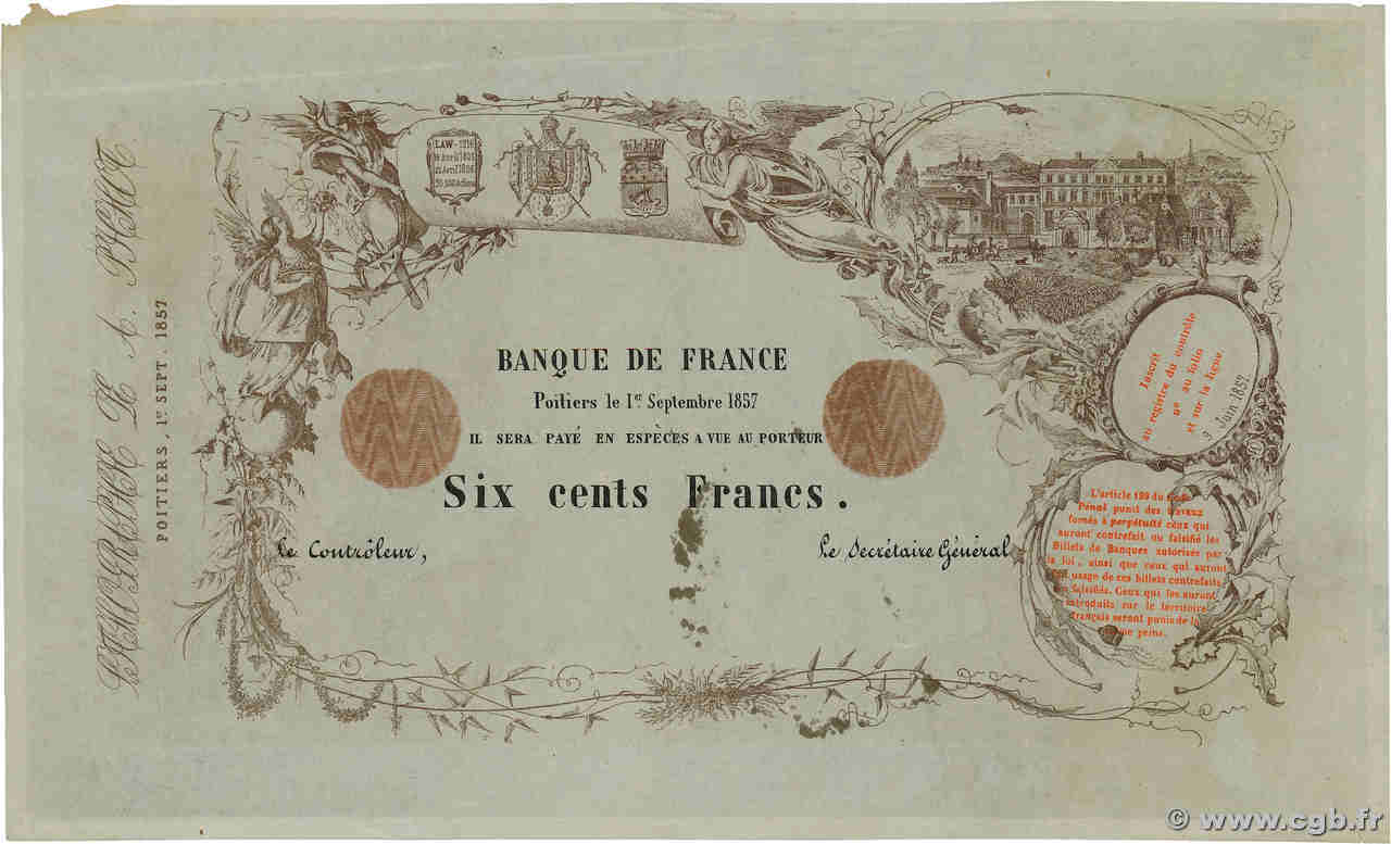 600 Francs POITIERS Essai FRANCIA  1857 F.- EBC+