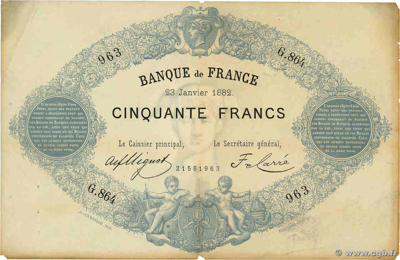 50 Francs type 1868 - Bleu à indices Noirs FRANCE  1882 F.A38.12 pr.TTB