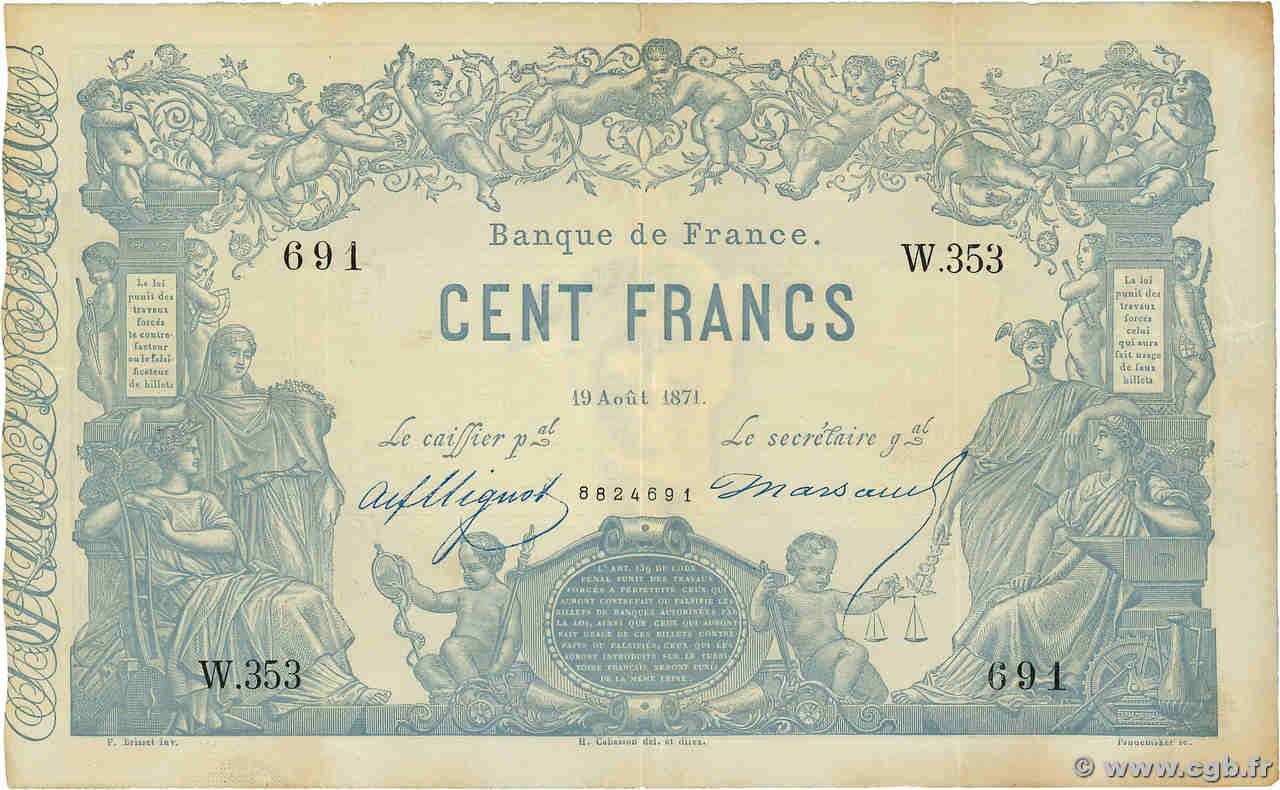 100 Francs type 1862 - Bleu à indices Noirs FRANCE  1871 F.A39.07 TTB à SUP