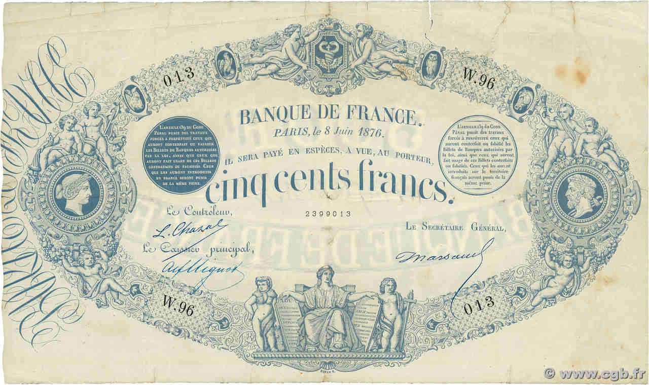 500 Francs type 1863 - Bleu à indices Noirs FRANCE  1876 F.A40.09 F+