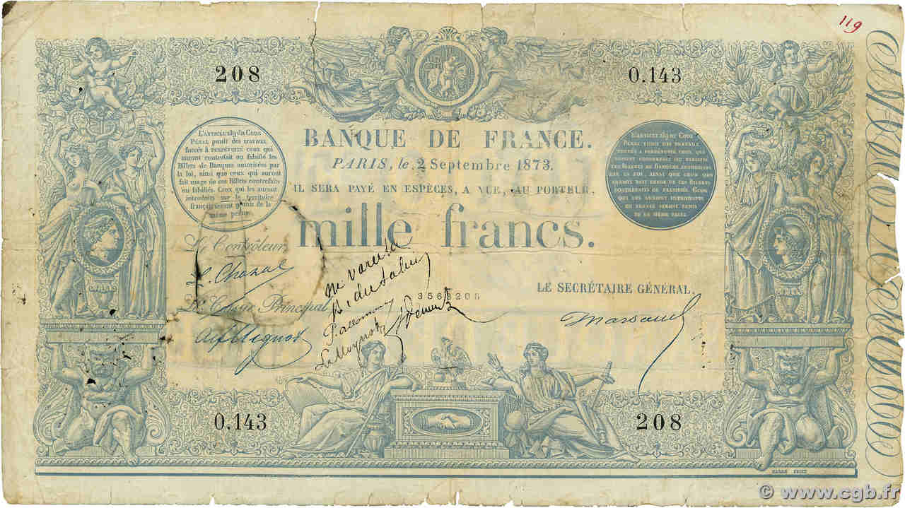 1000 Francs type 1862 - À indices Noirs FRANCE  1873 F.A41.08 F