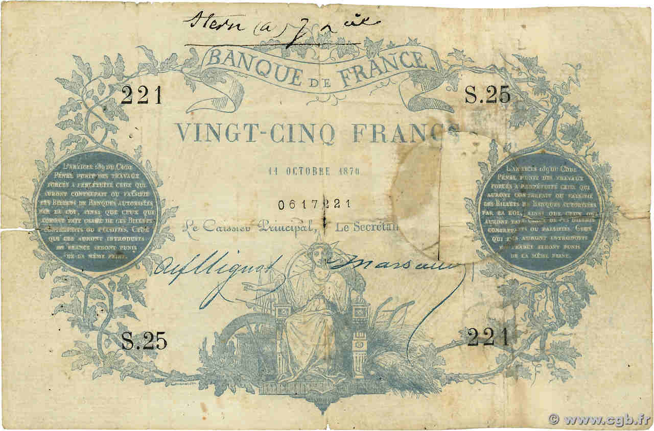 25 Francs type 1870 - Paris FRANCE  1870 F.A43.01 F