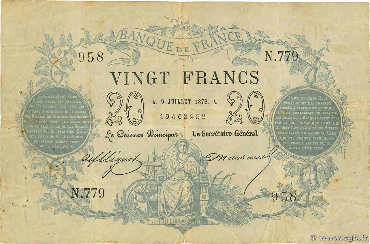 20 Francs type 1871 - Bleu FRANCIA  1872 F.A46.03 BC+