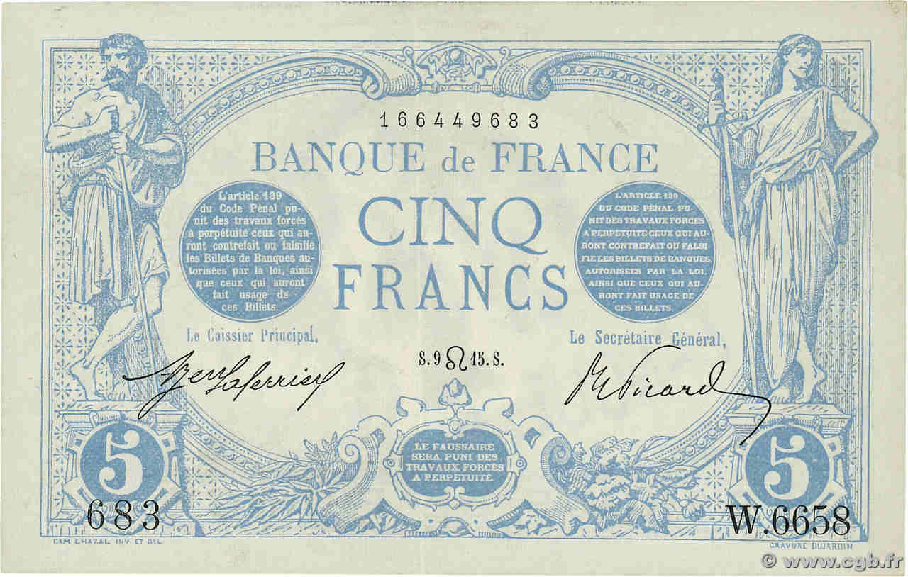 5 Francs BLEU FRANCIA  1915 F.02.29 EBC+