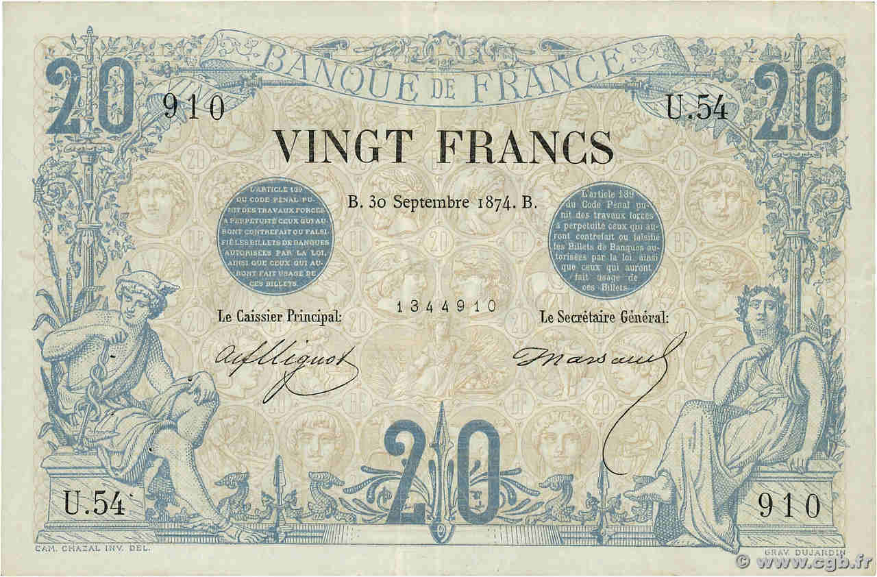20 Francs NOIR FRANCE  1874 F.09.01 VF+