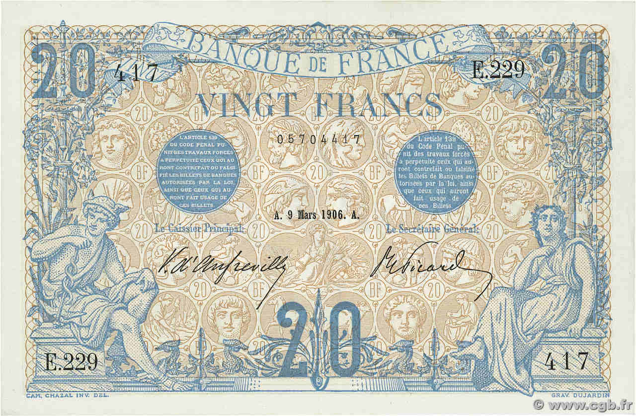 20 Francs BLEU FRANCIA  1906 F.10.01 EBC+