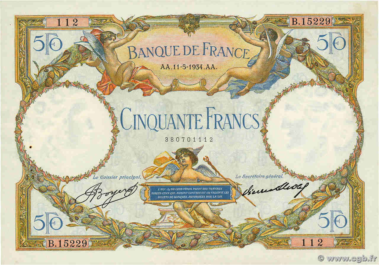 50 Francs LUC OLIVIER MERSON type modifié FRANKREICH  1934 F.16.05 VZ+