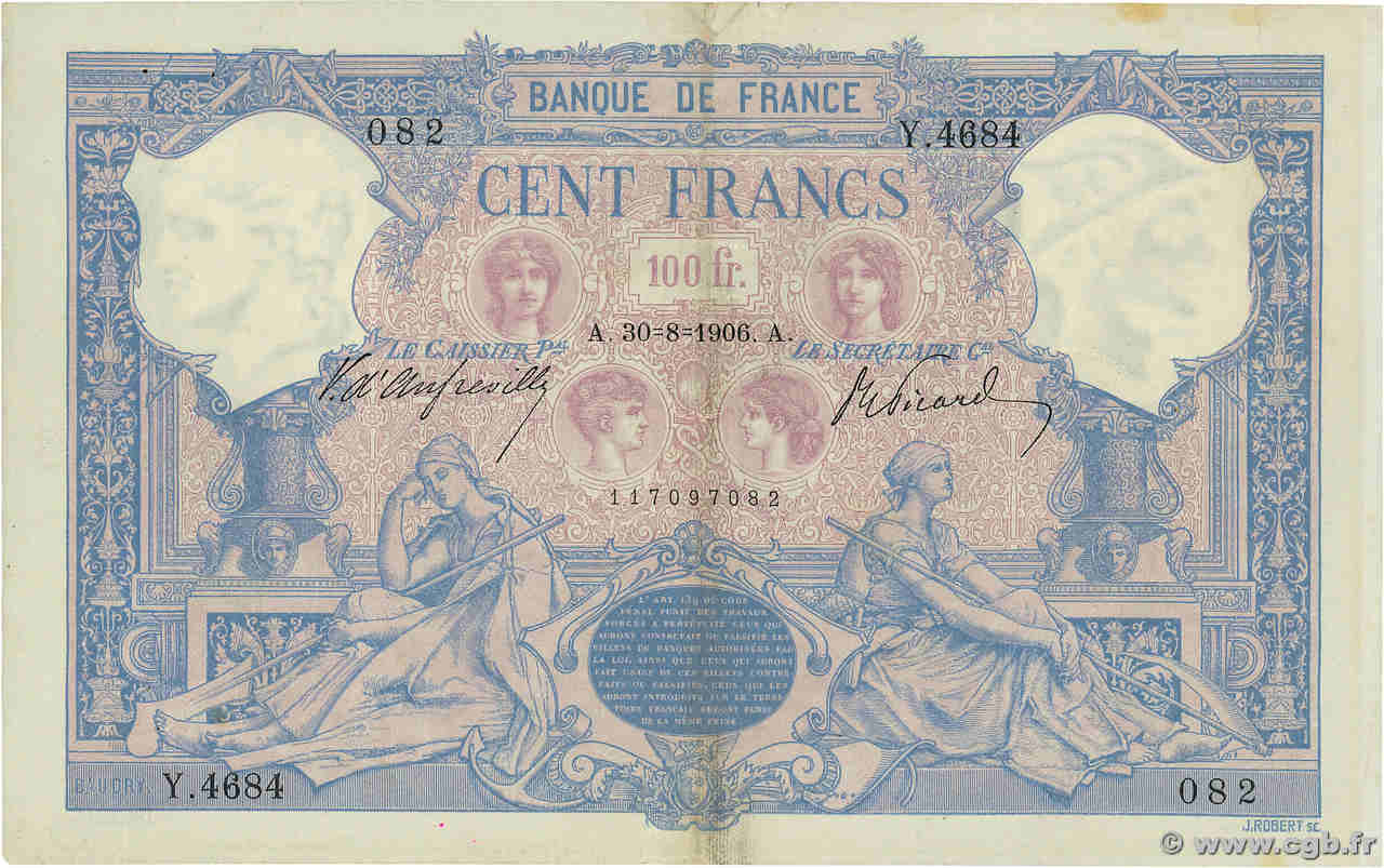 100 Francs ROSE ET BLEU FRANCE  1906 F.21.20 TTB+