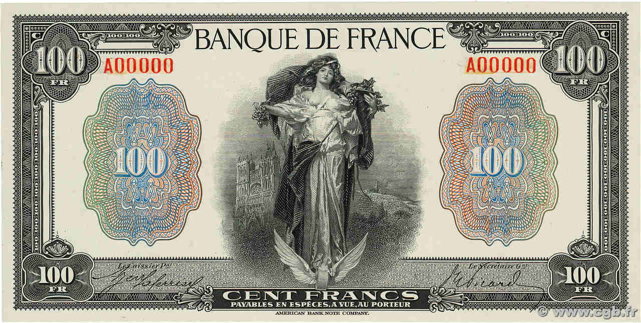 100 Francs type 1918 essai ABNC Épreuve FRANCE  1918 NE.1918.01a SPL
