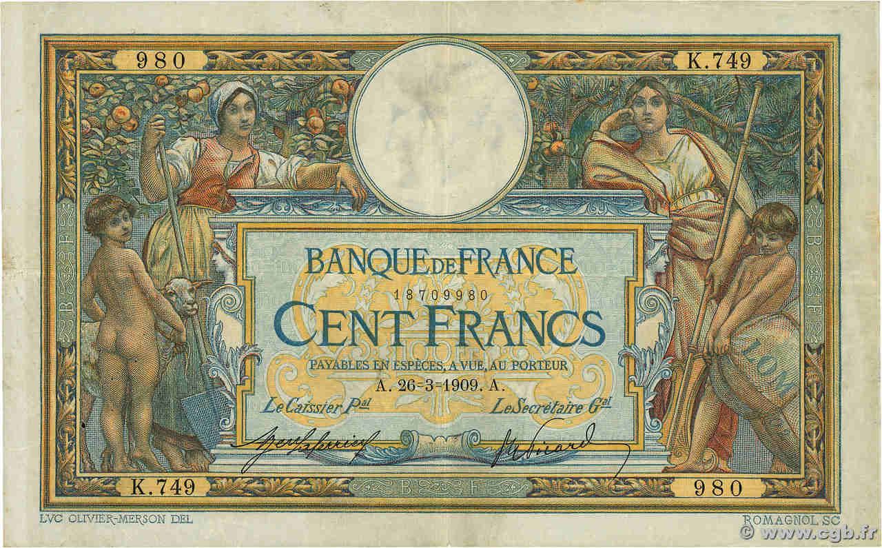 100 Francs LUC OLIVIER MERSON avec LOM FRANCE  1909 F.22.02 TB à TTB