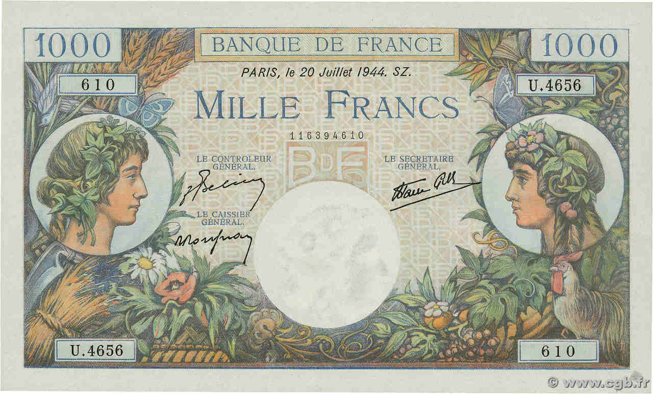 1000 Francs COMMERCE ET INDUSTRIE FRANKREICH  1944 F.39.12 fST+