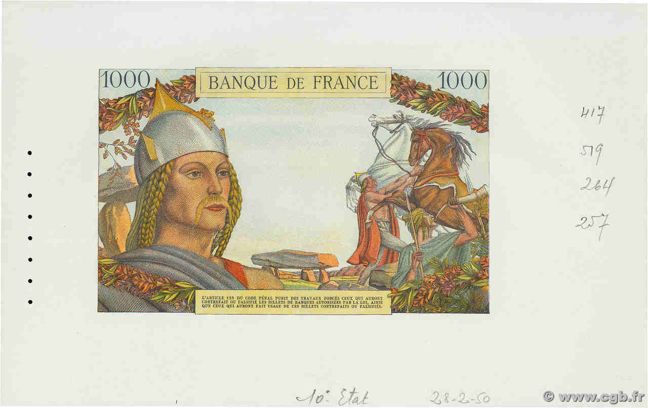 1000 Francs VOLONTAIRE DE 92 - VERCINGÉTORIX Essai FRANCE  1950 (F.42.00) NEUF