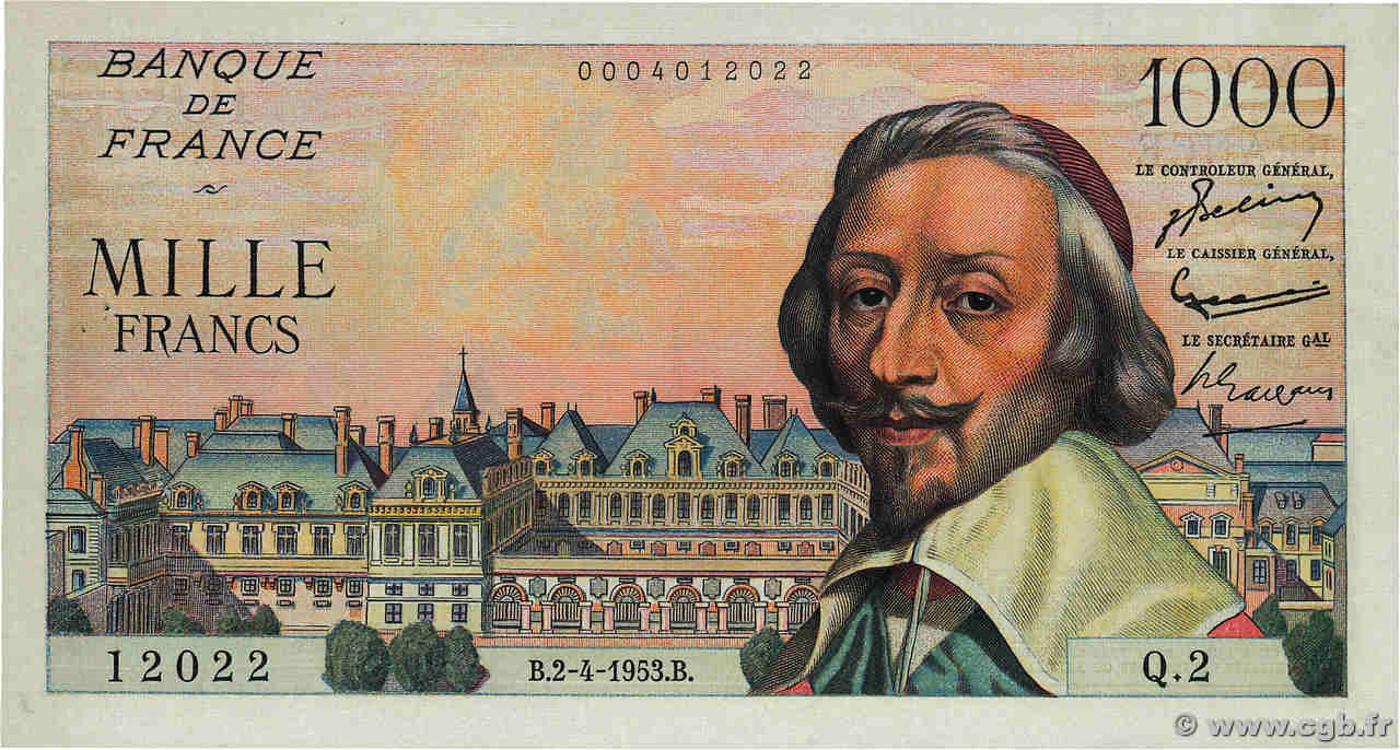 1000 Francs RICHELIEU FRANKREICH  1953 F.42.01 fST