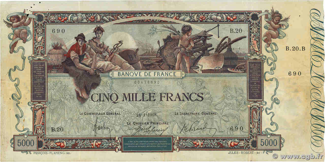 5000 Francs FLAMENG FRANCE  1918 F.43.01 pr.TTB