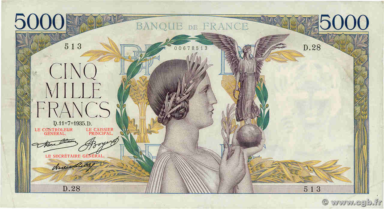 5000 Francs VICTOIRE Taille Douce FRANCE  1935 F.44.03 VF