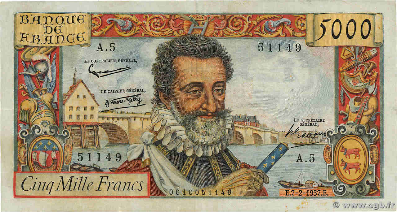 5000 Francs HENRI IV FRANCIA  1957 F.49.01 MBC